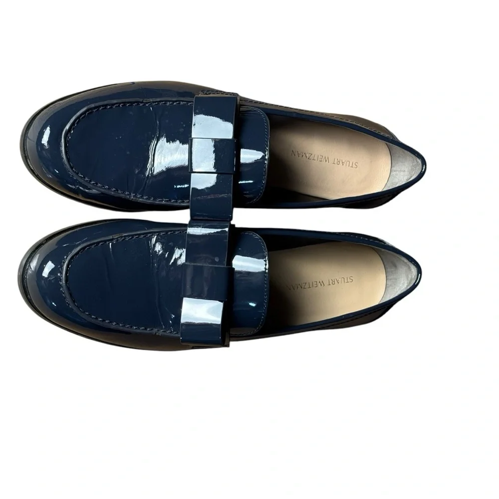 STUART WEITZMAN navy patent leather bow loafers womens  7B classic preppy chic - Picture 2 of 9